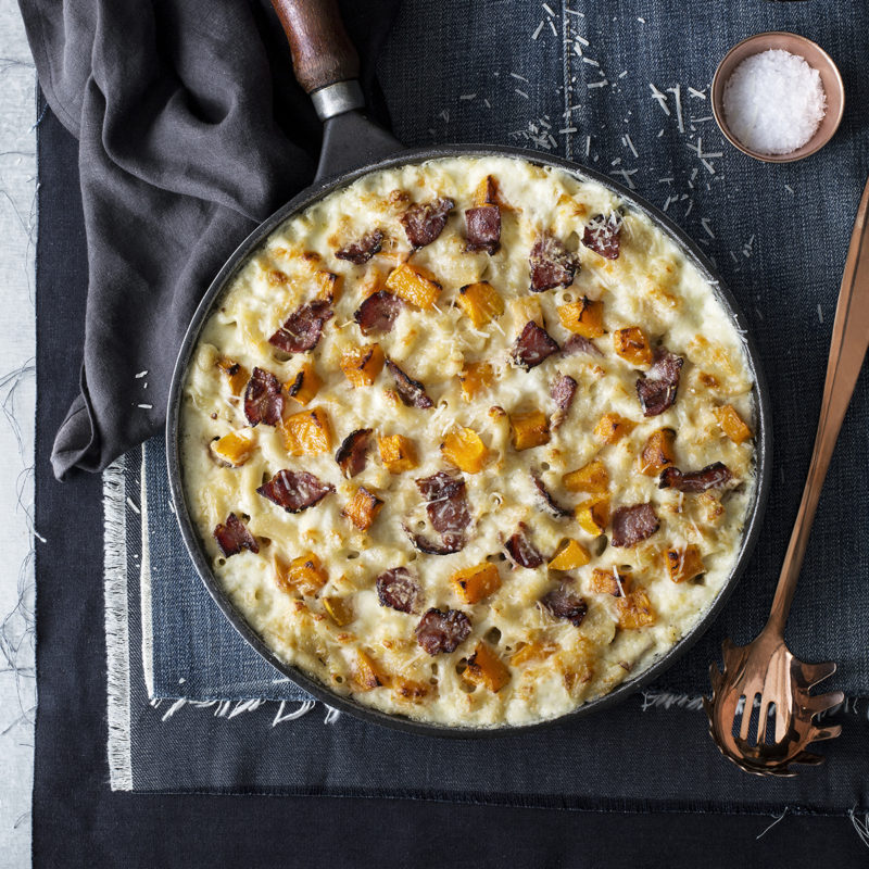 Mac and Cheese with butternut and crispy pancetta